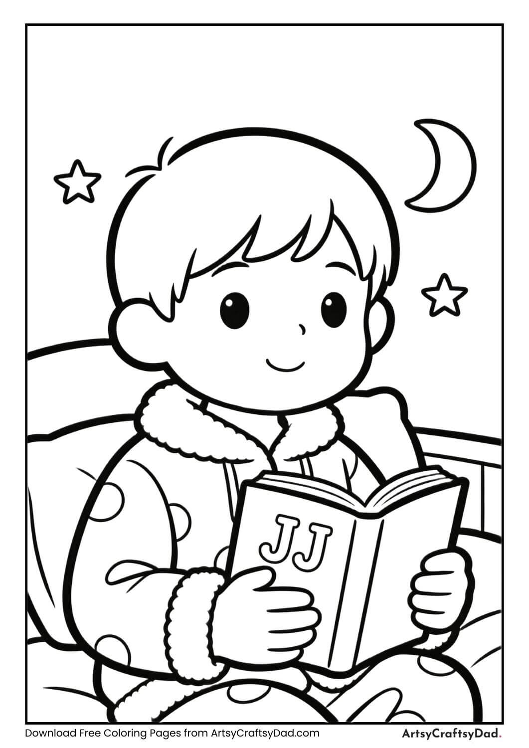 JJ reading a bedtime book coloring page