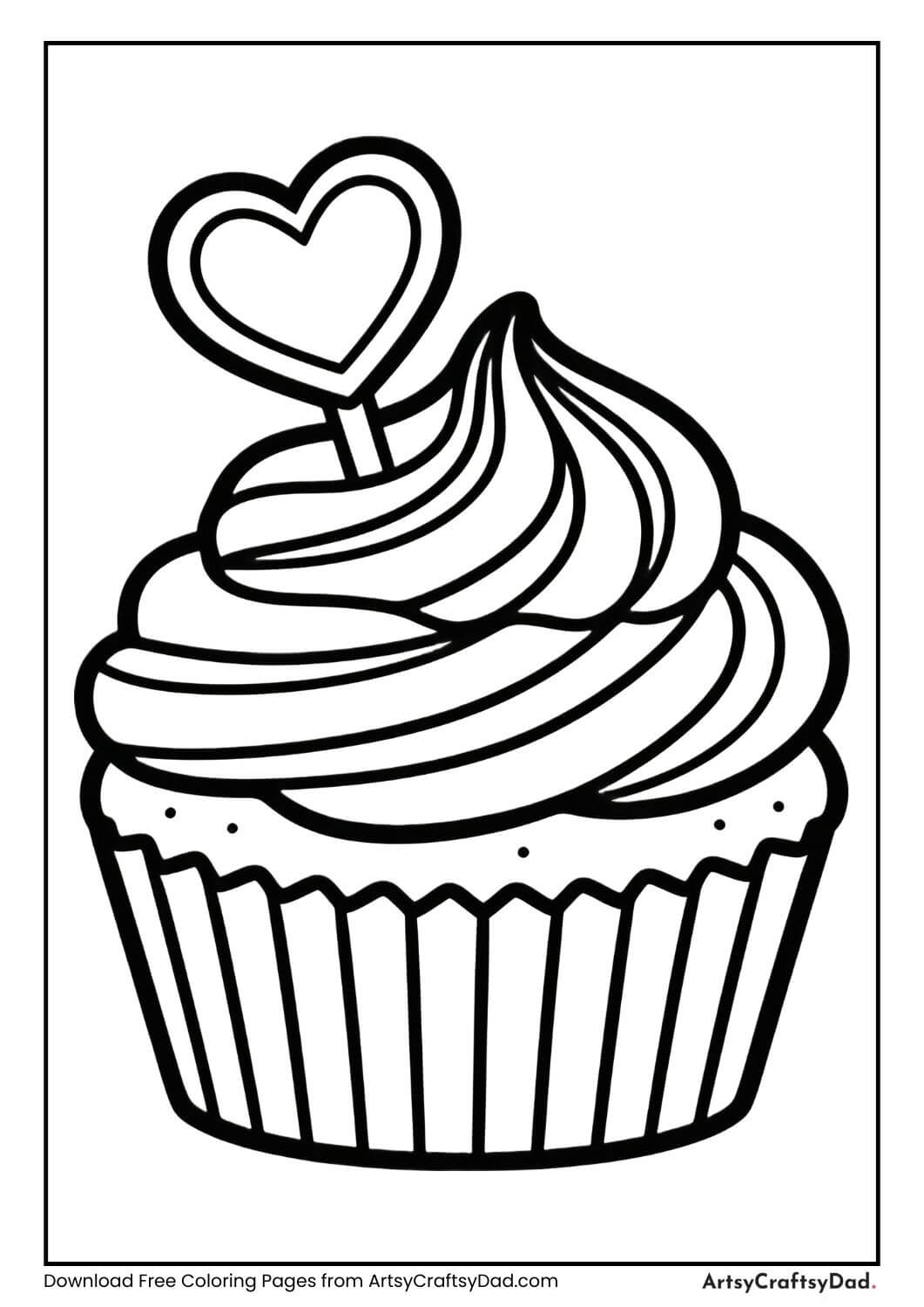 Cupcake with heart-shaped topper black and white coloring page