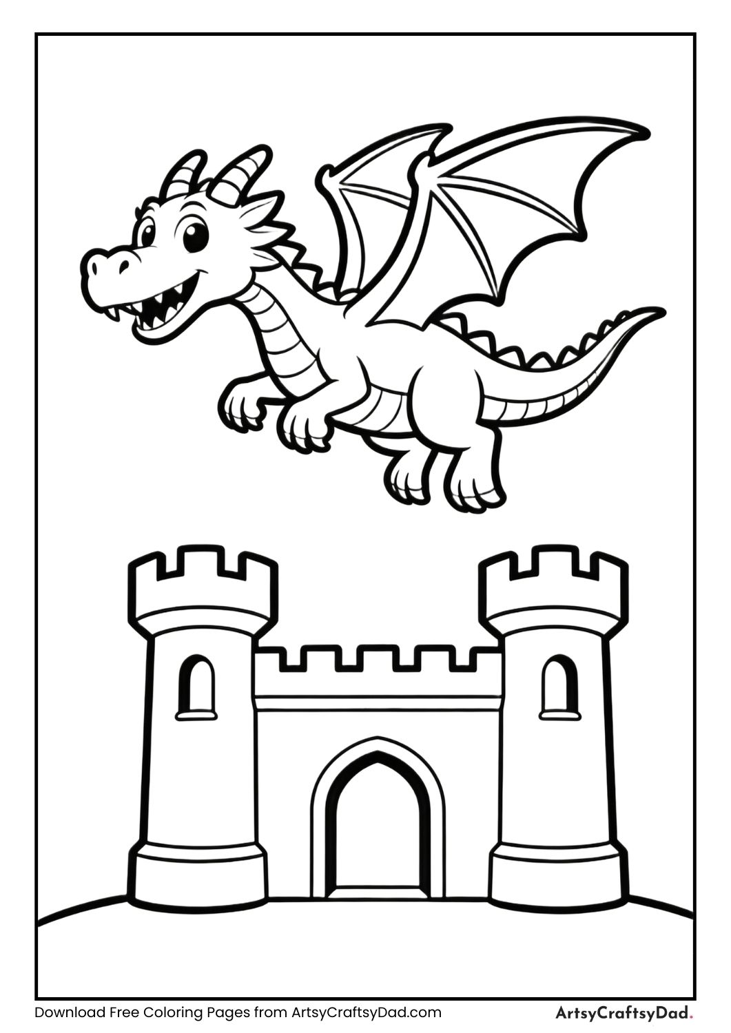 Dragon flying over castle coloring page for kids