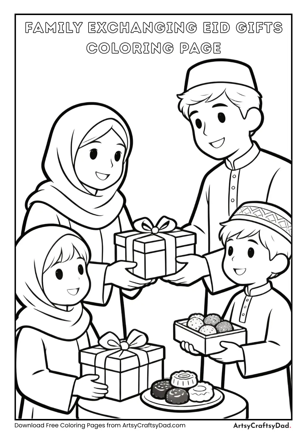 Family exchanging gifts and sweets during Eid coloring page