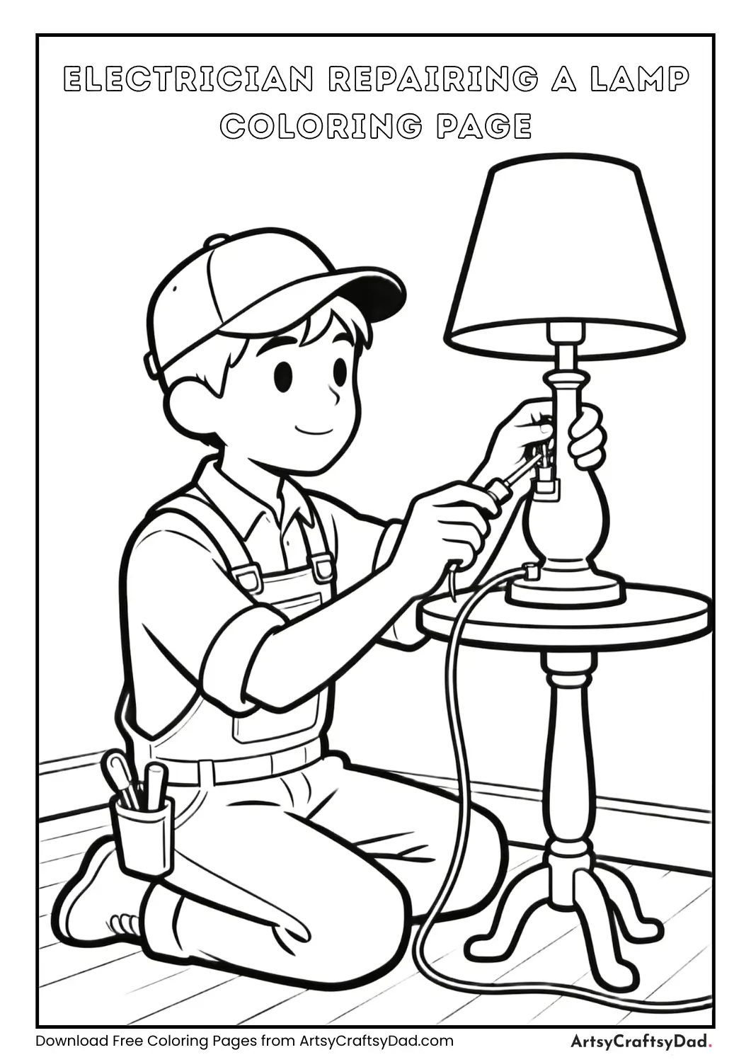 Electrician repairing table lamp coloring page