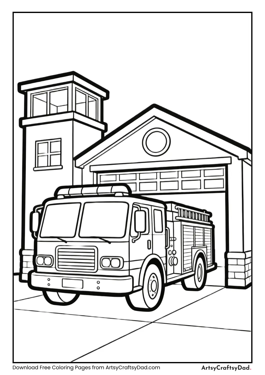 Fire station with fire truck for kids coloring page