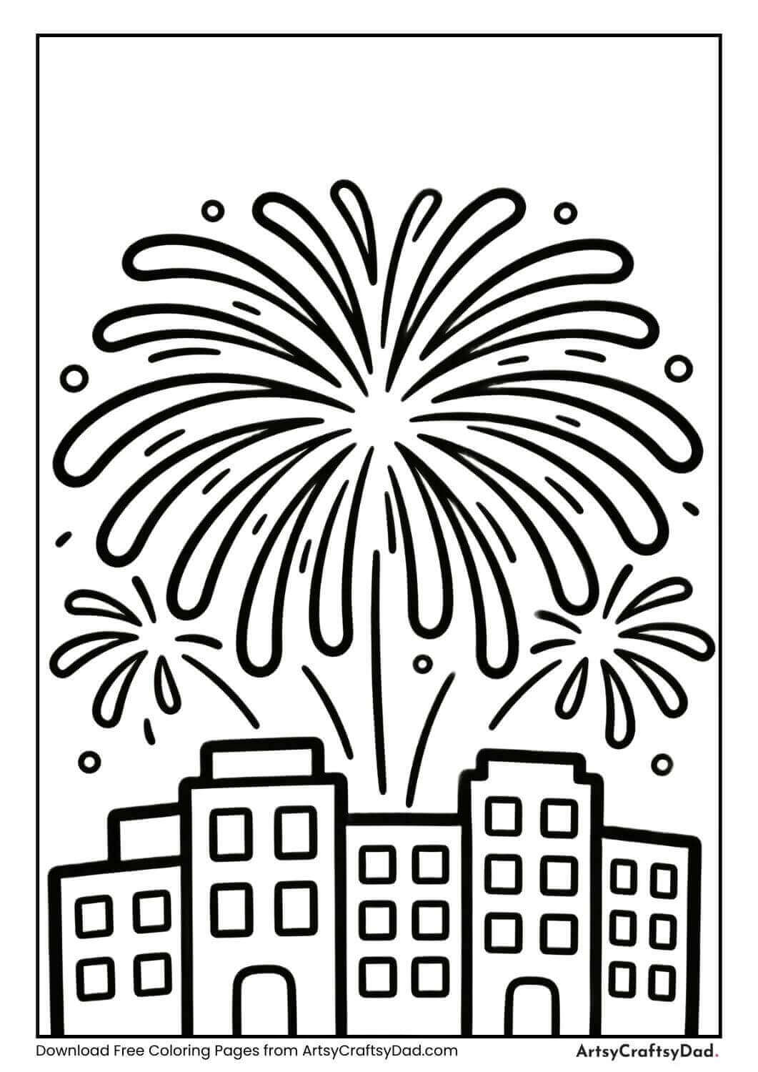 Fireworks over city skyline coloring page for kids