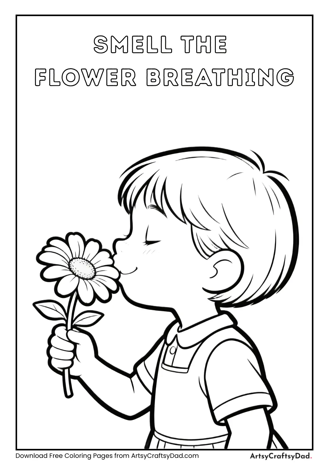 Child smelling flower breathing calmly coloring page