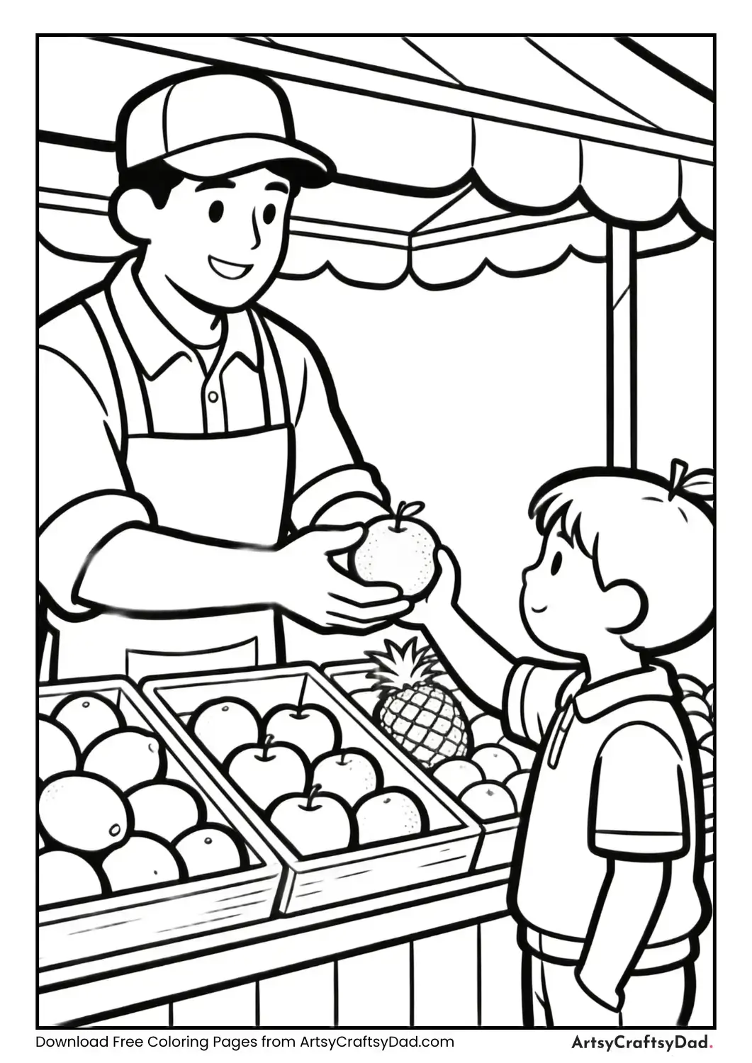Fruit seller giving fruit to a child in a market