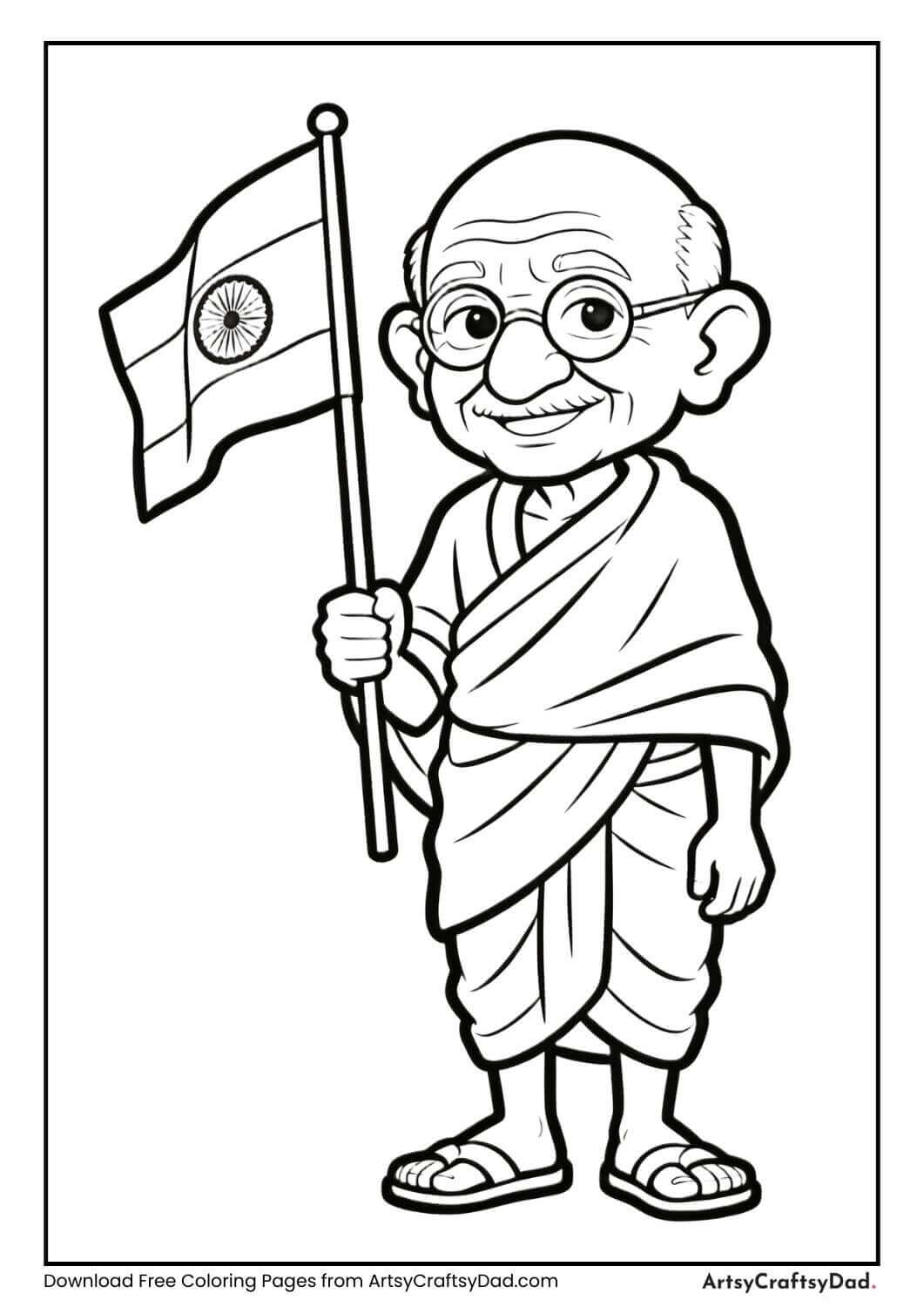Mahatma Gandhi holding Indian flag coloring page