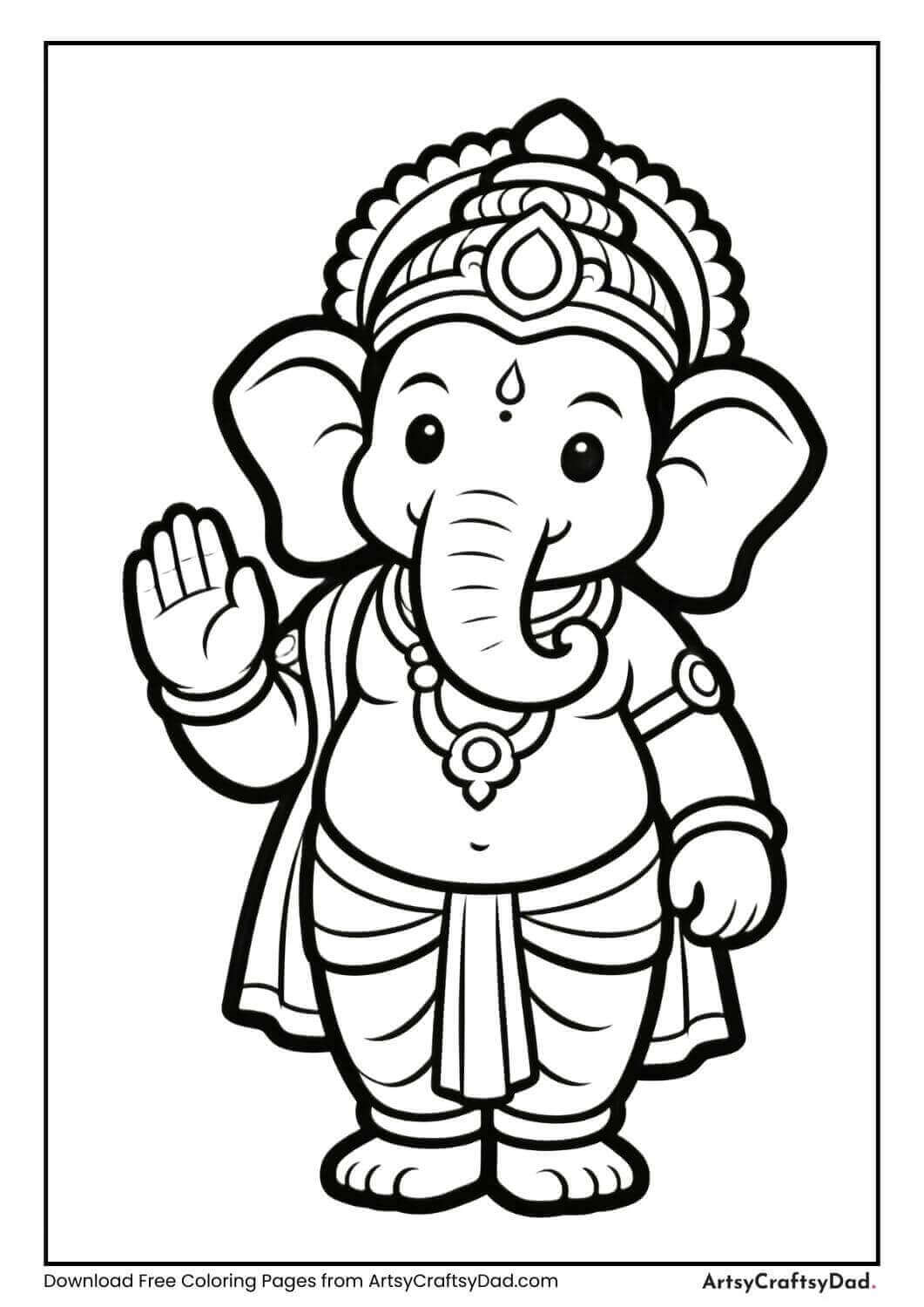 Happy Ganesha blessing pose coloring page for kids