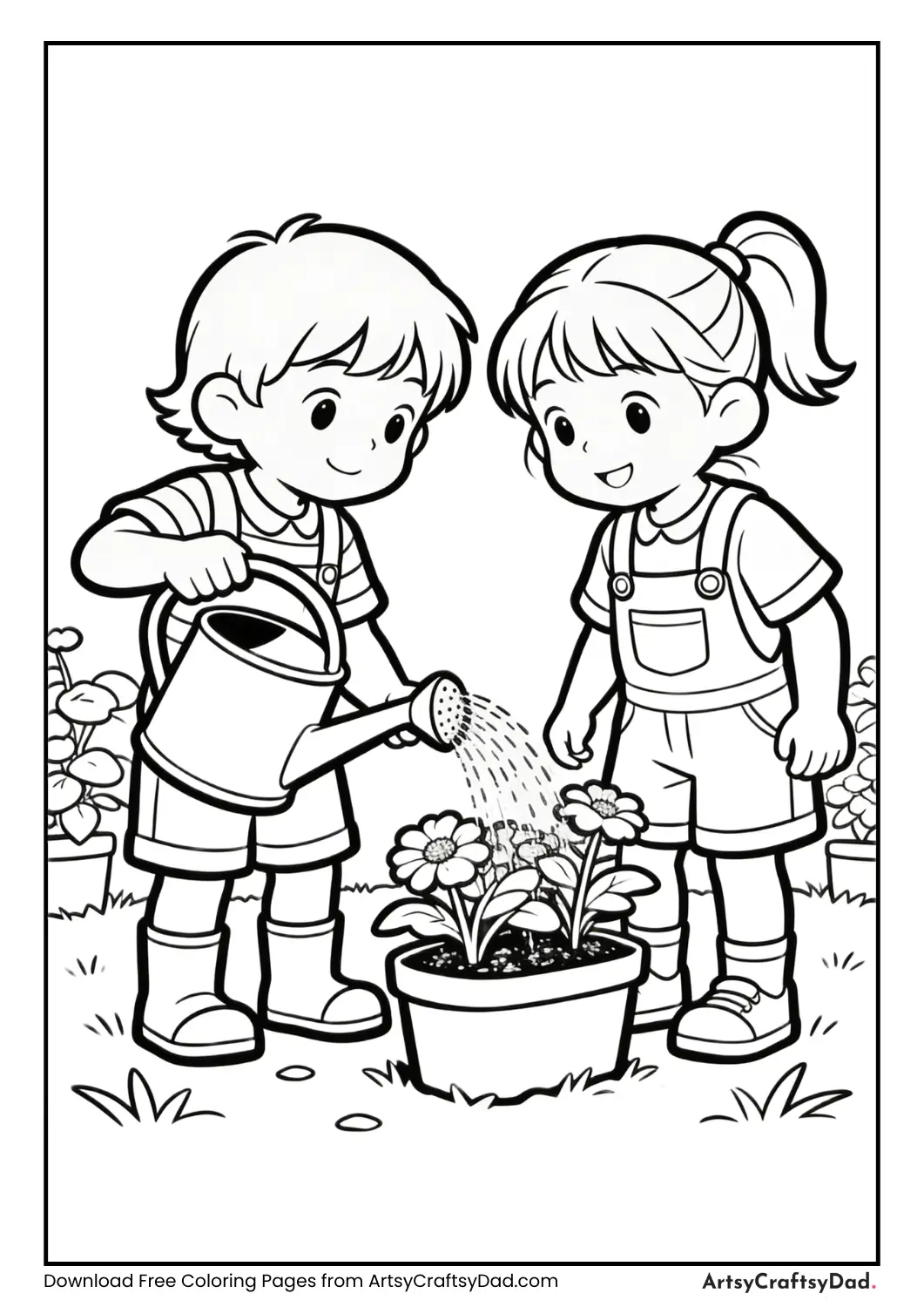 Children watering plants with a watering can