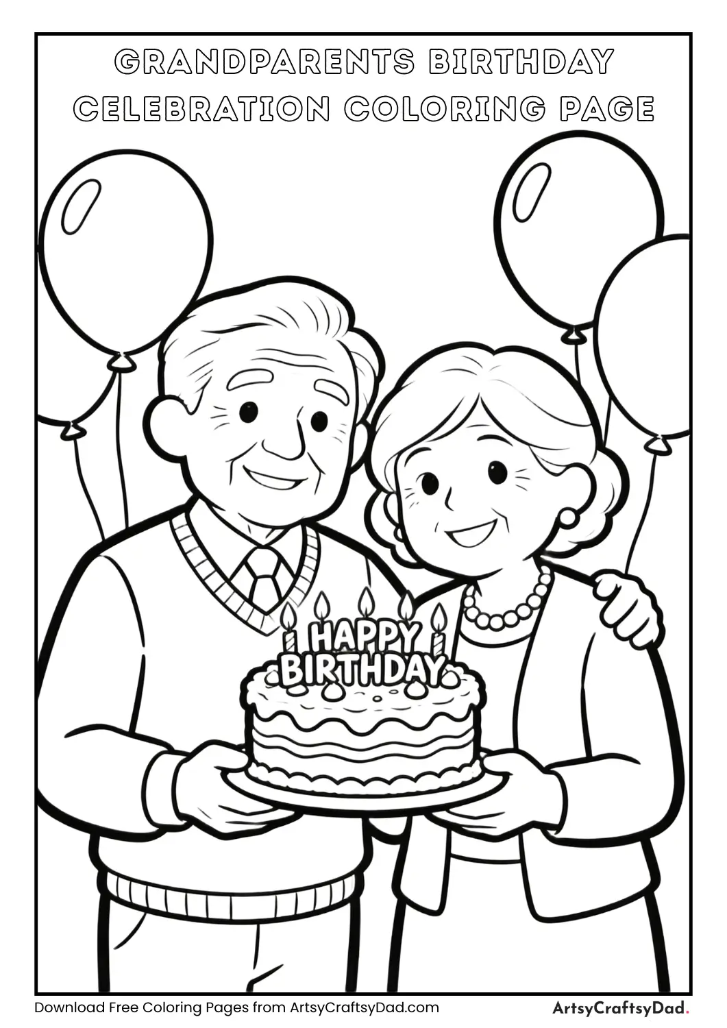 Grandparents celebrating birthday with cake coloring page