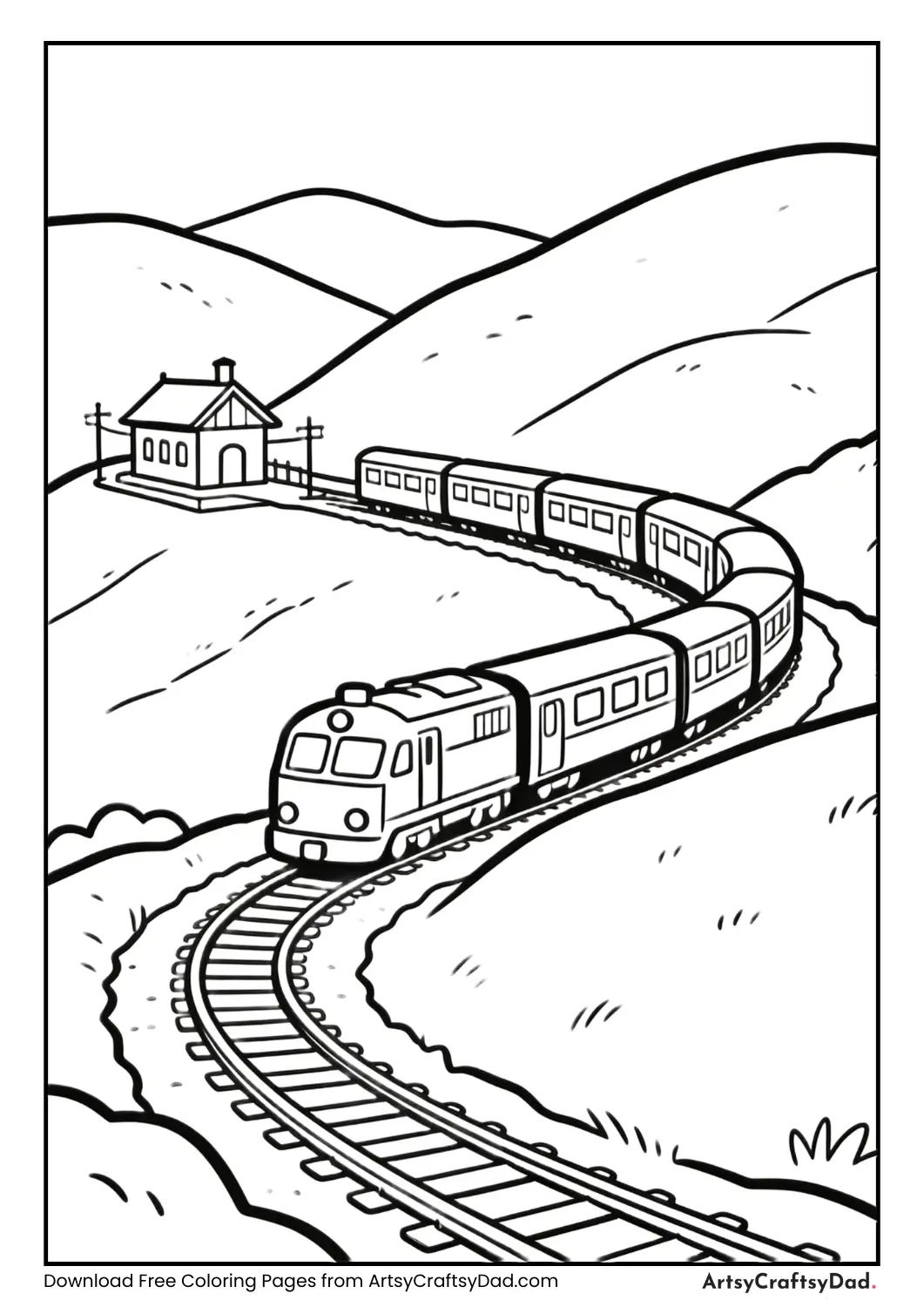 Black and white coloring page of a toy train passing through a hill station.