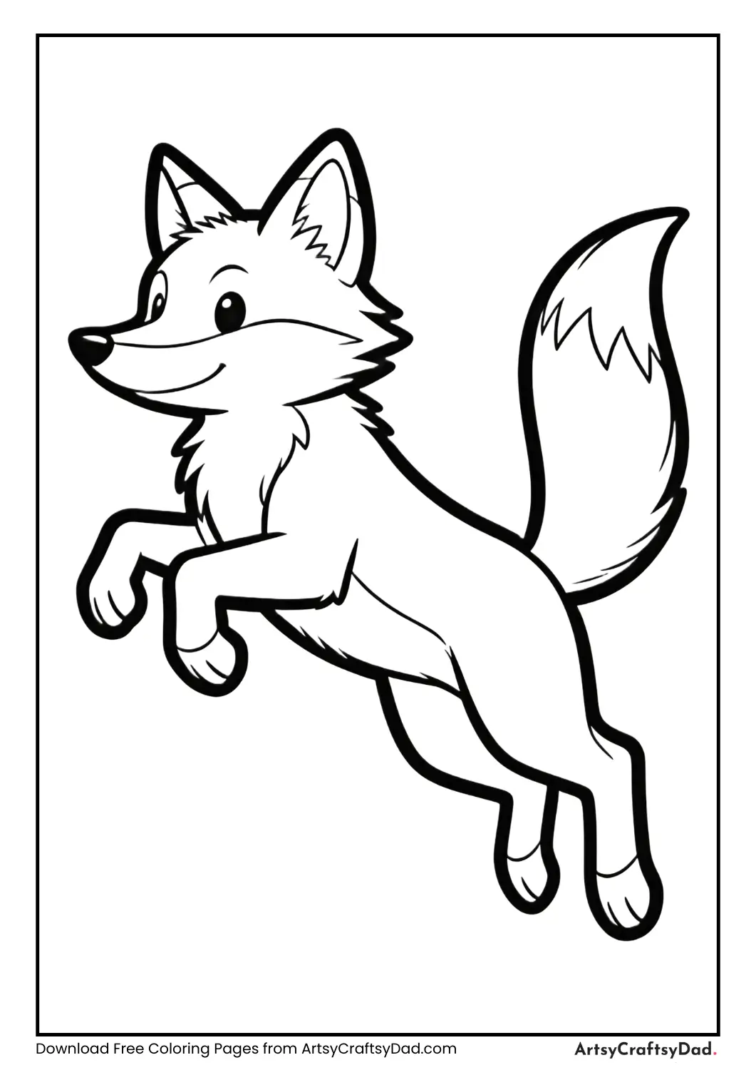 Playful fox jumping black and white coloring page
