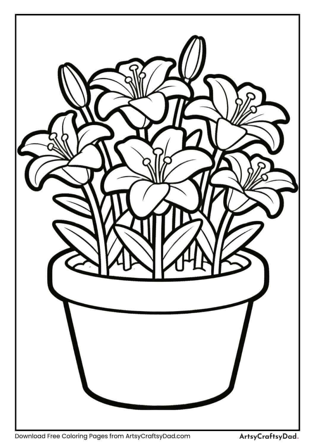 Lily flowers in a pot black and white garden coloring page