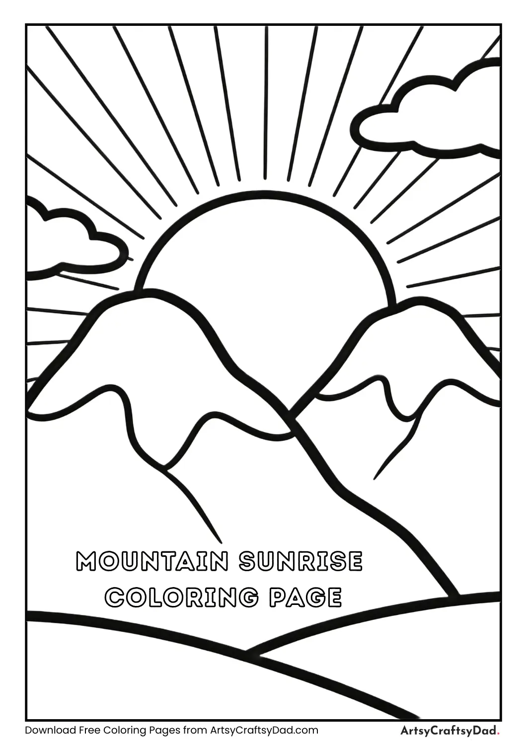 Sunrise behind mountains coloring page for children