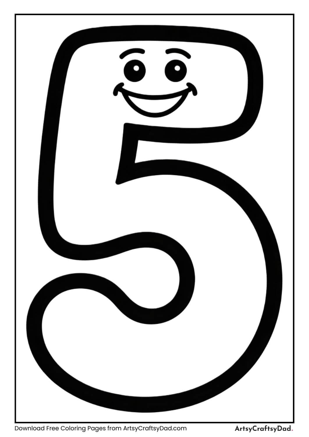 Smiling number 5 black and white coloring page for kids