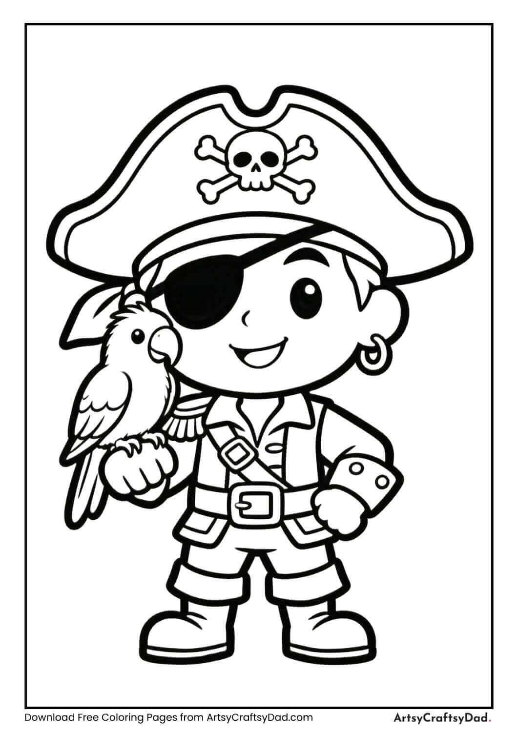 Smiling pirate with a parrot on shoulder coloring page