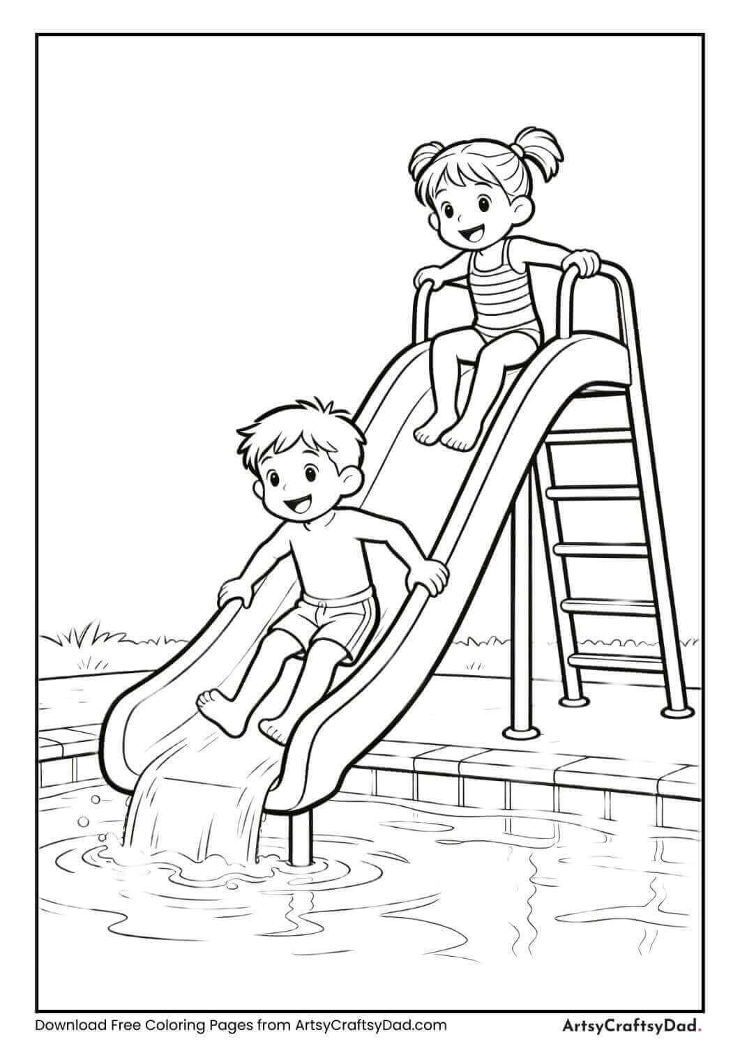 Kids sliding down a pool slide