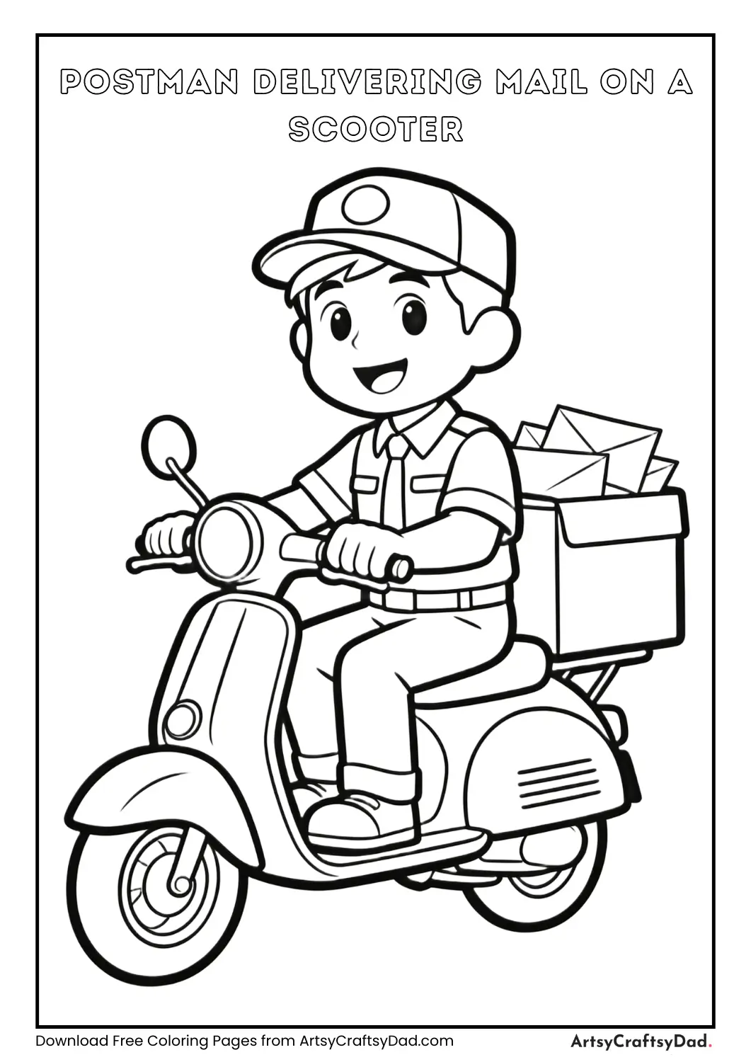 Postman riding a scooter delivering mail coloring page