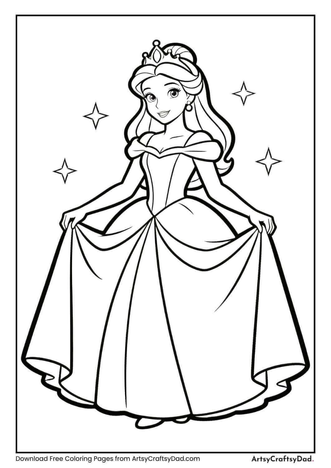 Princess wearing a beautiful ball gown coloring page