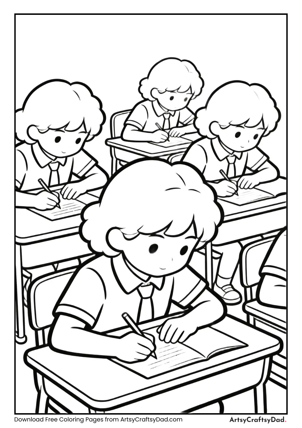 Quiet classroom with students focused on exam