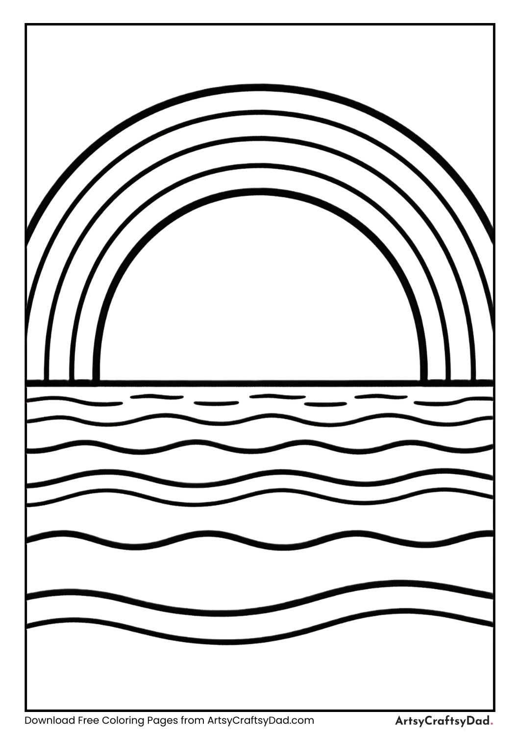 Rainbow above sea waves black and white coloring page
