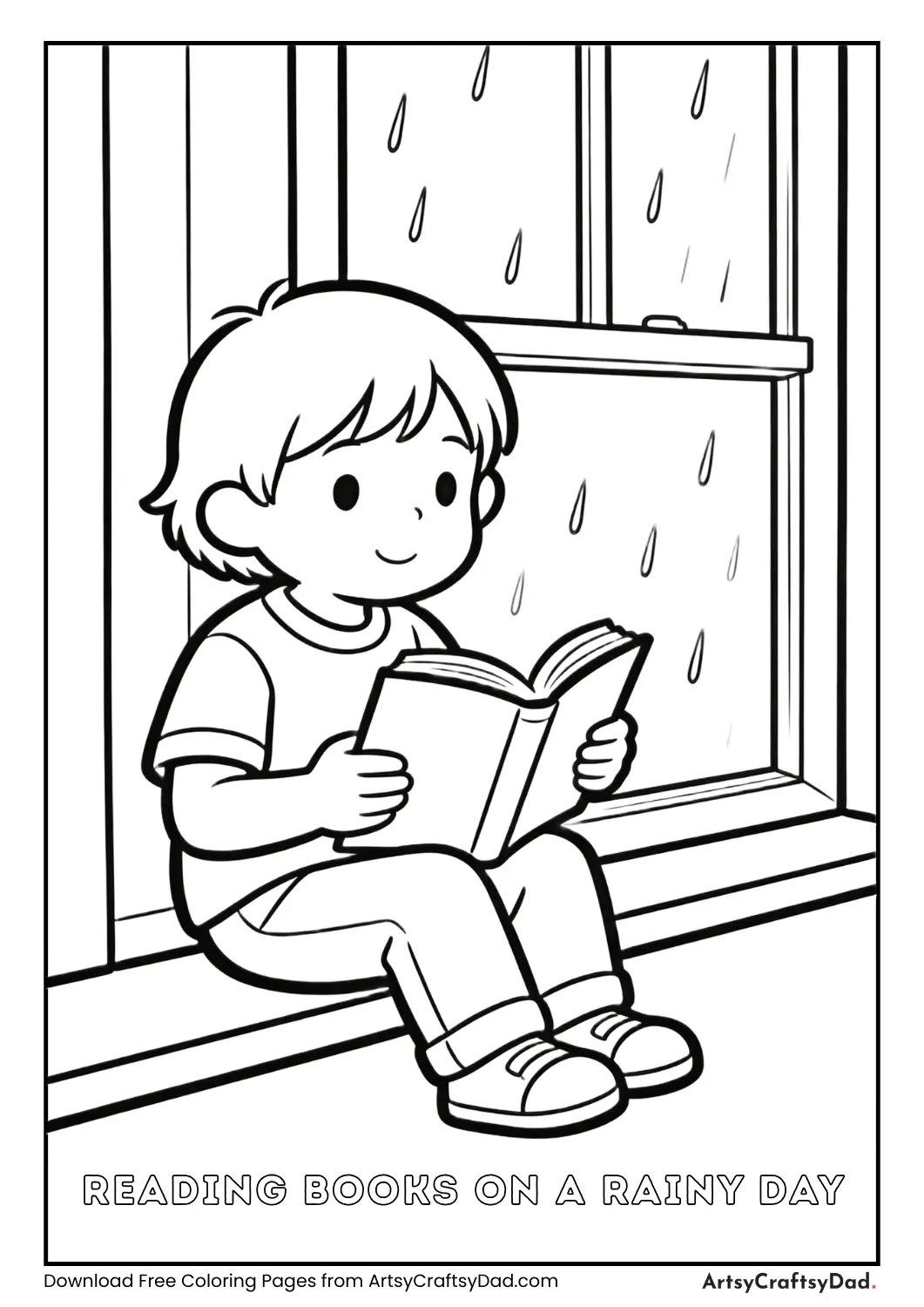 Child reading book on rainy day coloring page