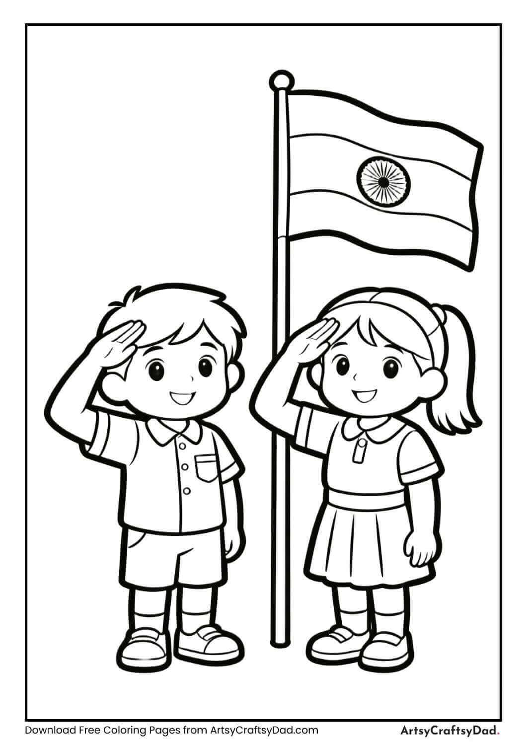 Children saluting Indian flag coloring page