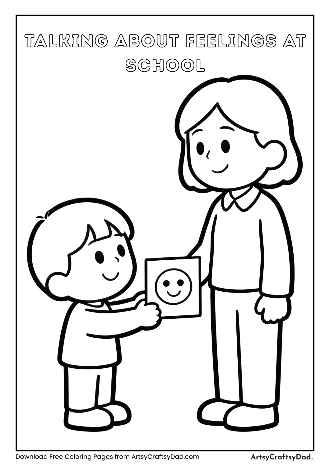 Child sharing feelings with a teacher coloring page