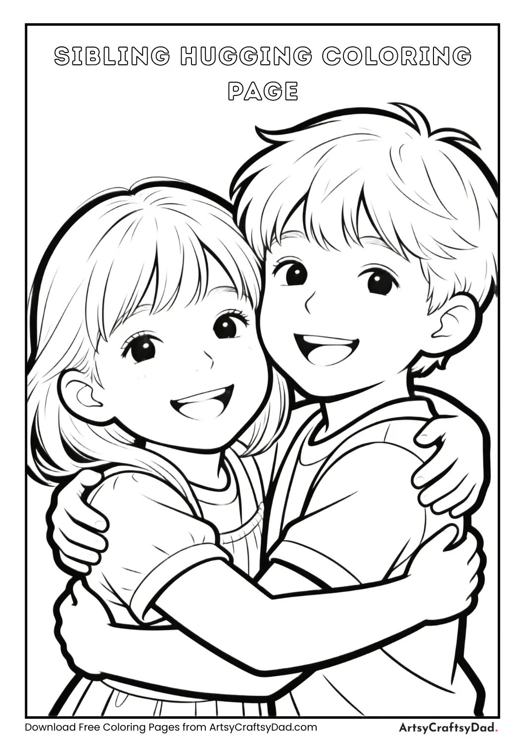 Brother and sister hugging coloring page