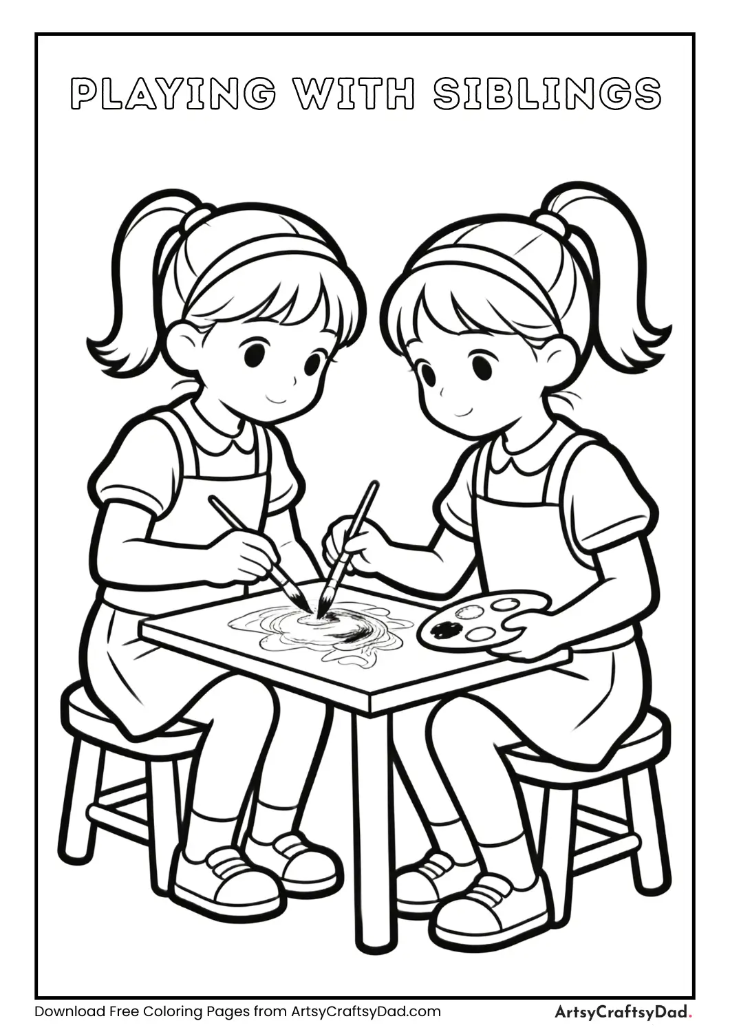 Black and white coloring page of siblings playing together