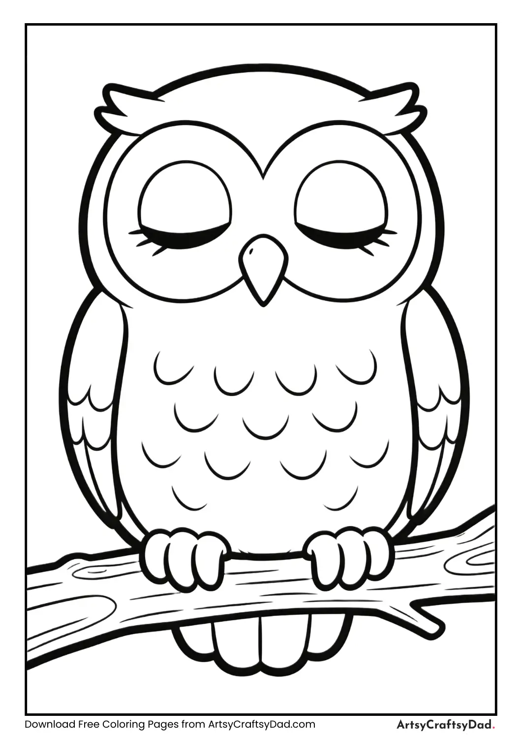 Sleepy owl sitting on branch black and white coloring page