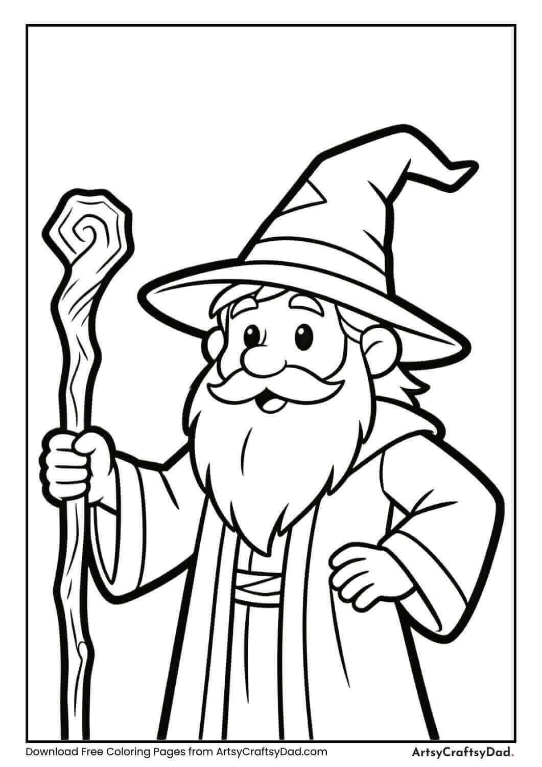 Wizard with long robe and pointed hat holding a staff