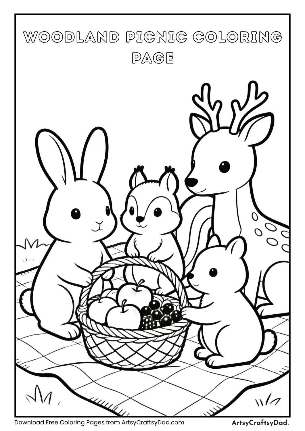 Forest animals having a picnic with fruits coloring page.