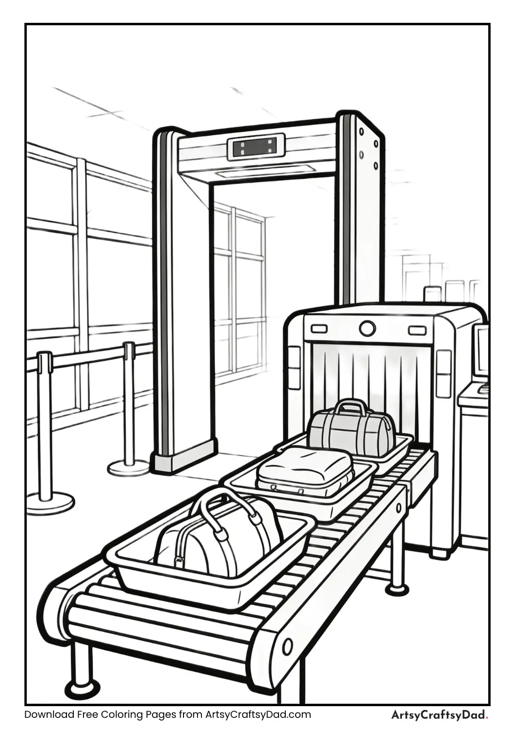 Airport security check scene black and white coloring page