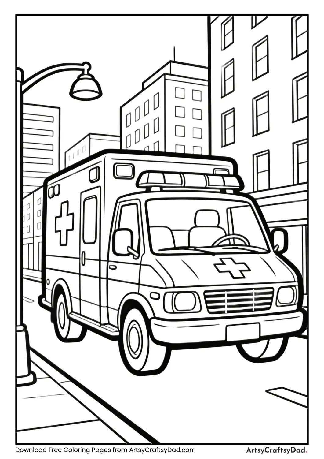 Ambulance driving through city street coloring page