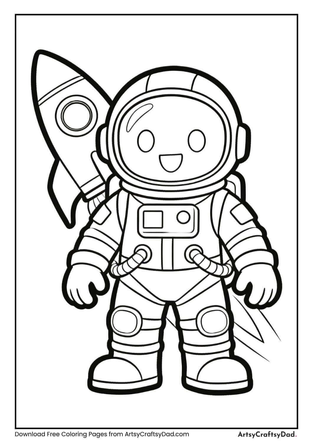 Astronaut with a rocket ship in the background