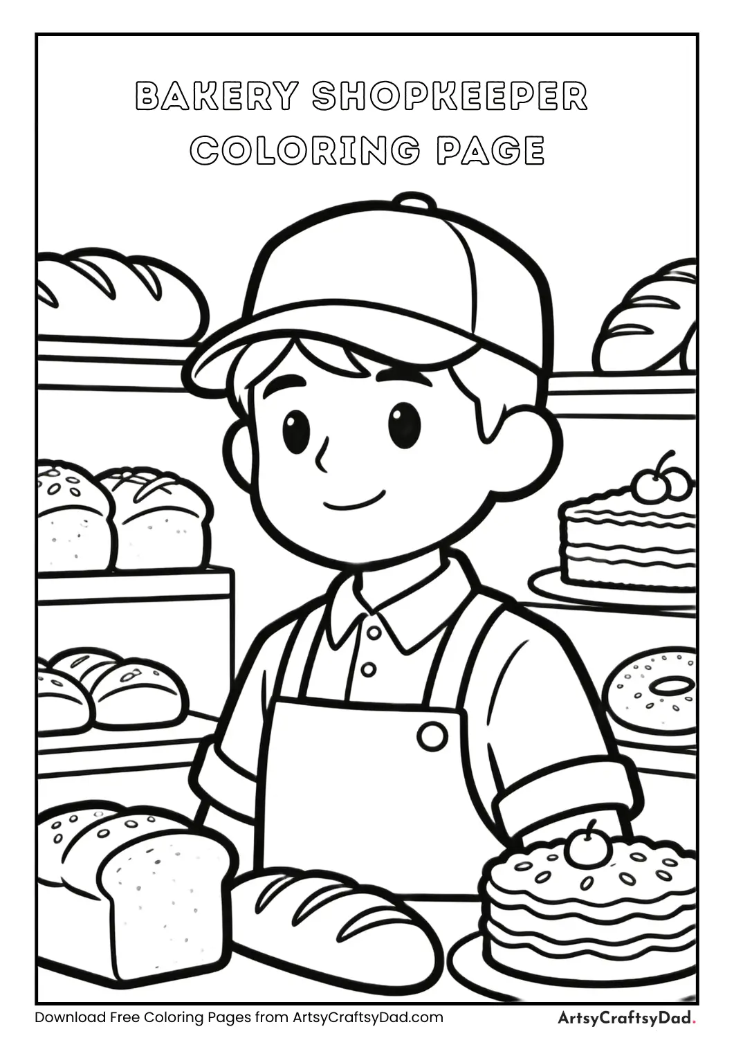 Bakery shopkeeper coloring page in black and white