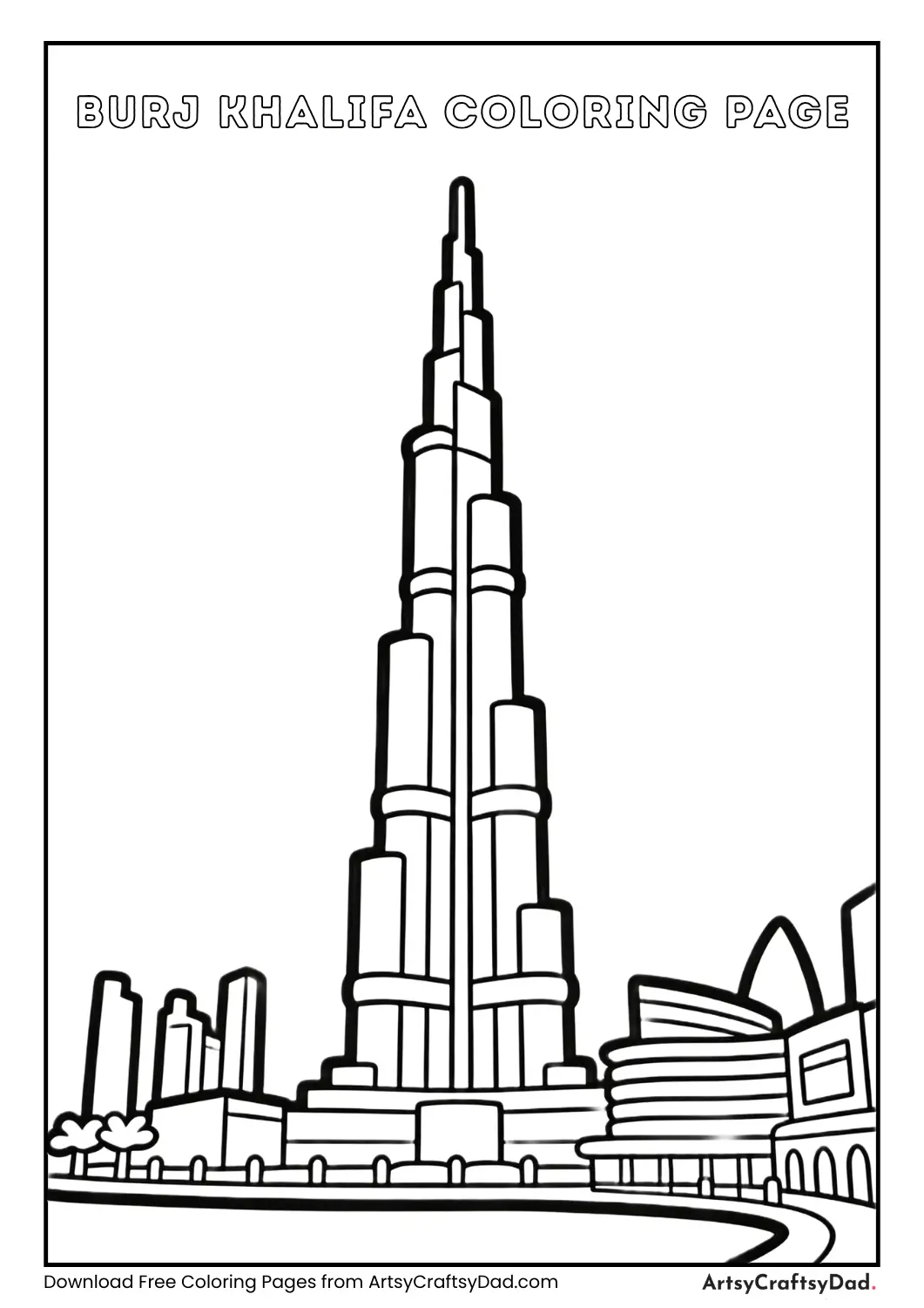 Burj Khalifa black and white coloring page for kids