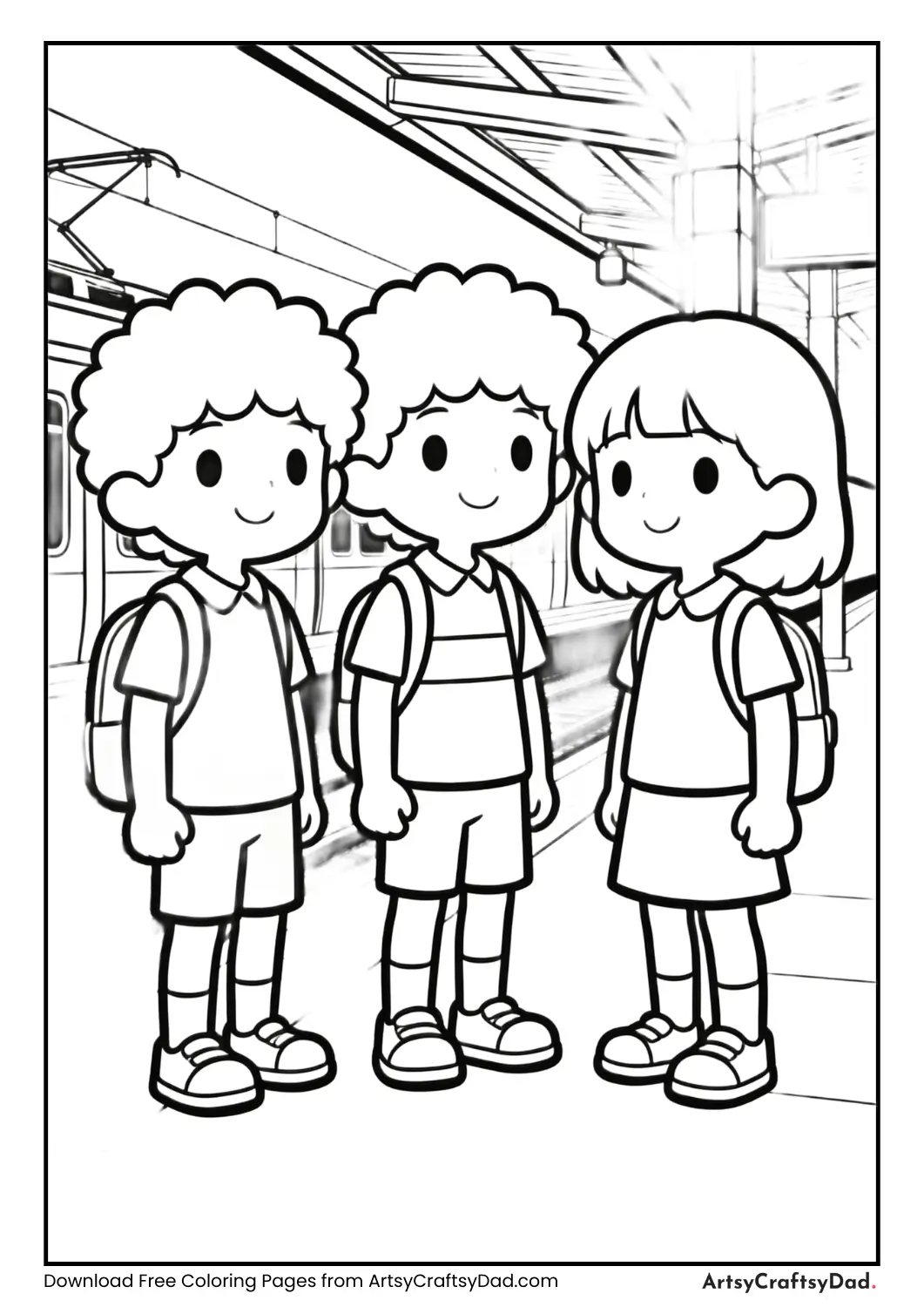 Cartoon railway station with kids coloring page