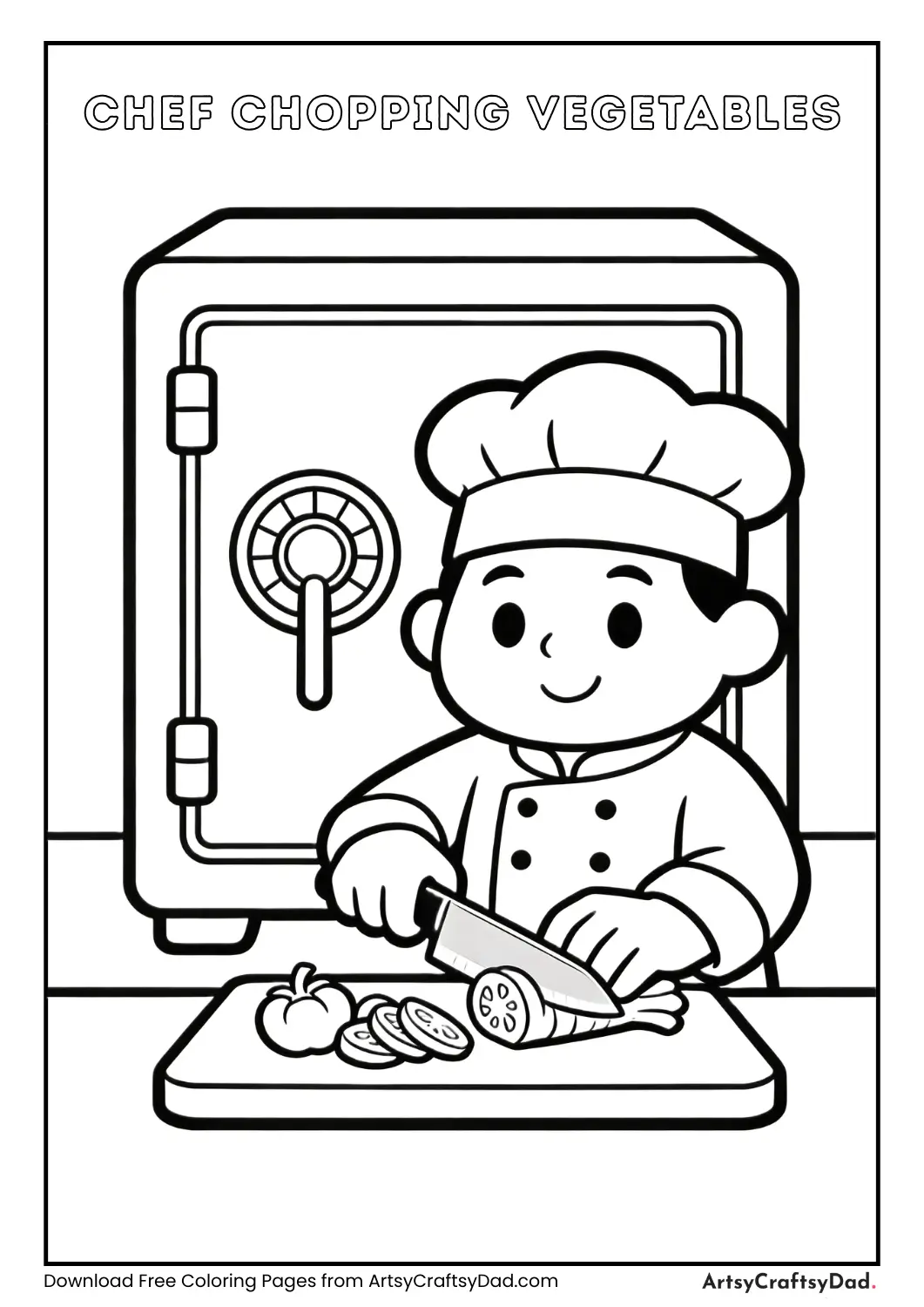 Chef chopping vegetables black and white coloring page