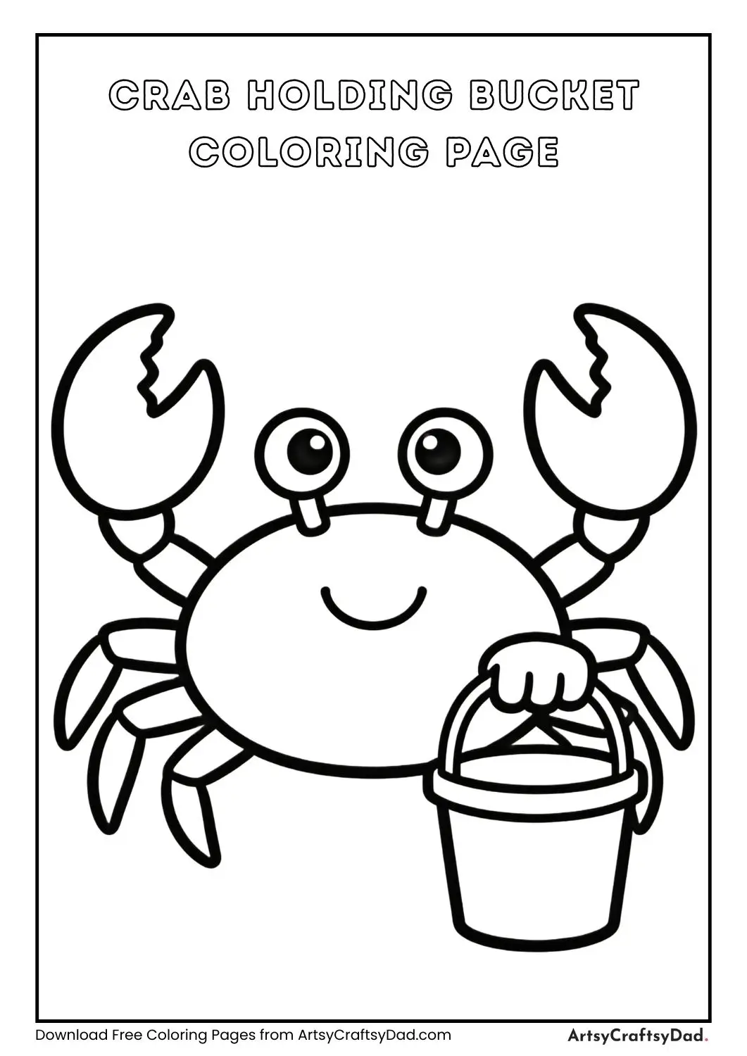 Smiling crab holding a bucket cartoon coloring page for kids