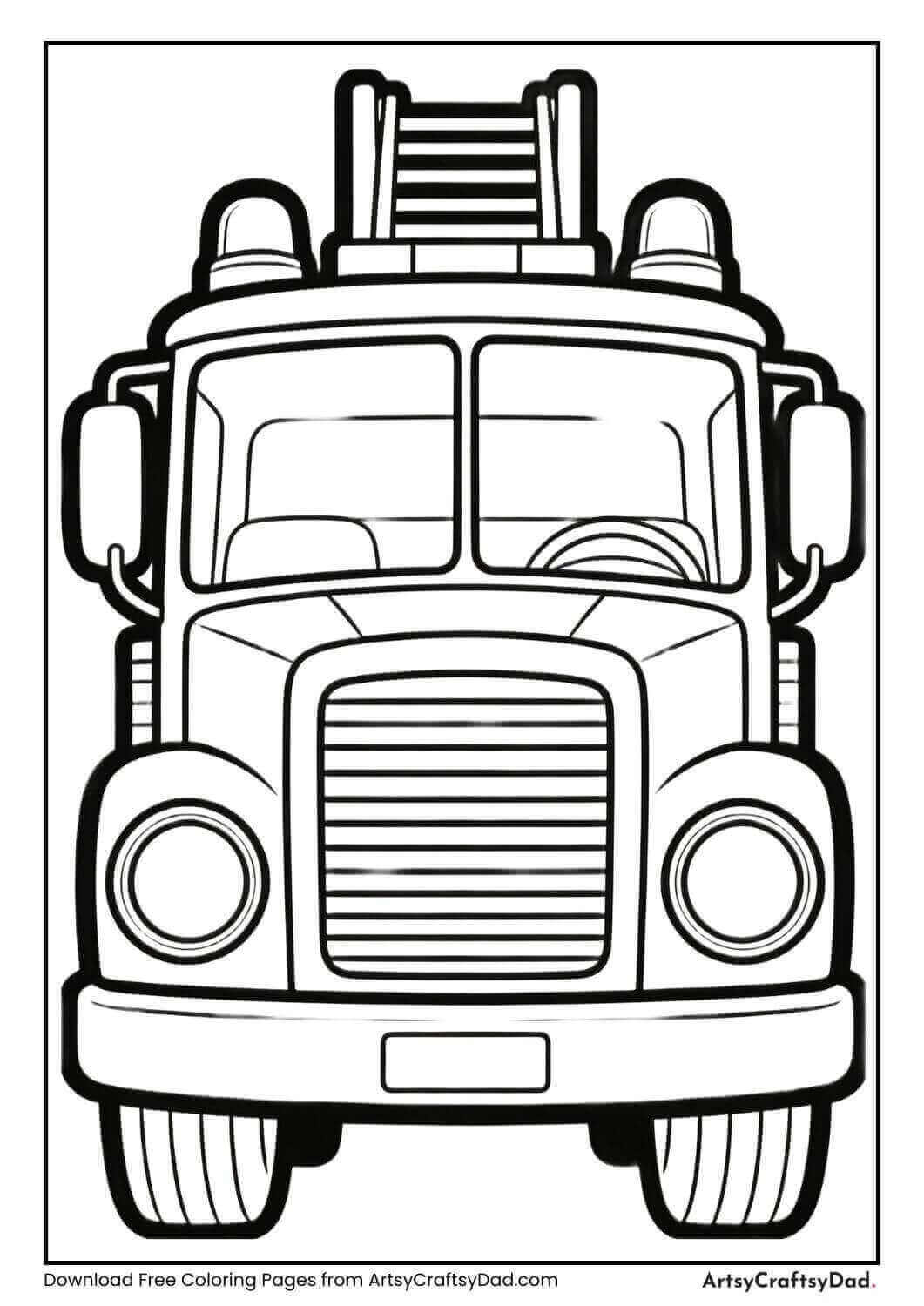 Fire truck front view coloring page for kids
