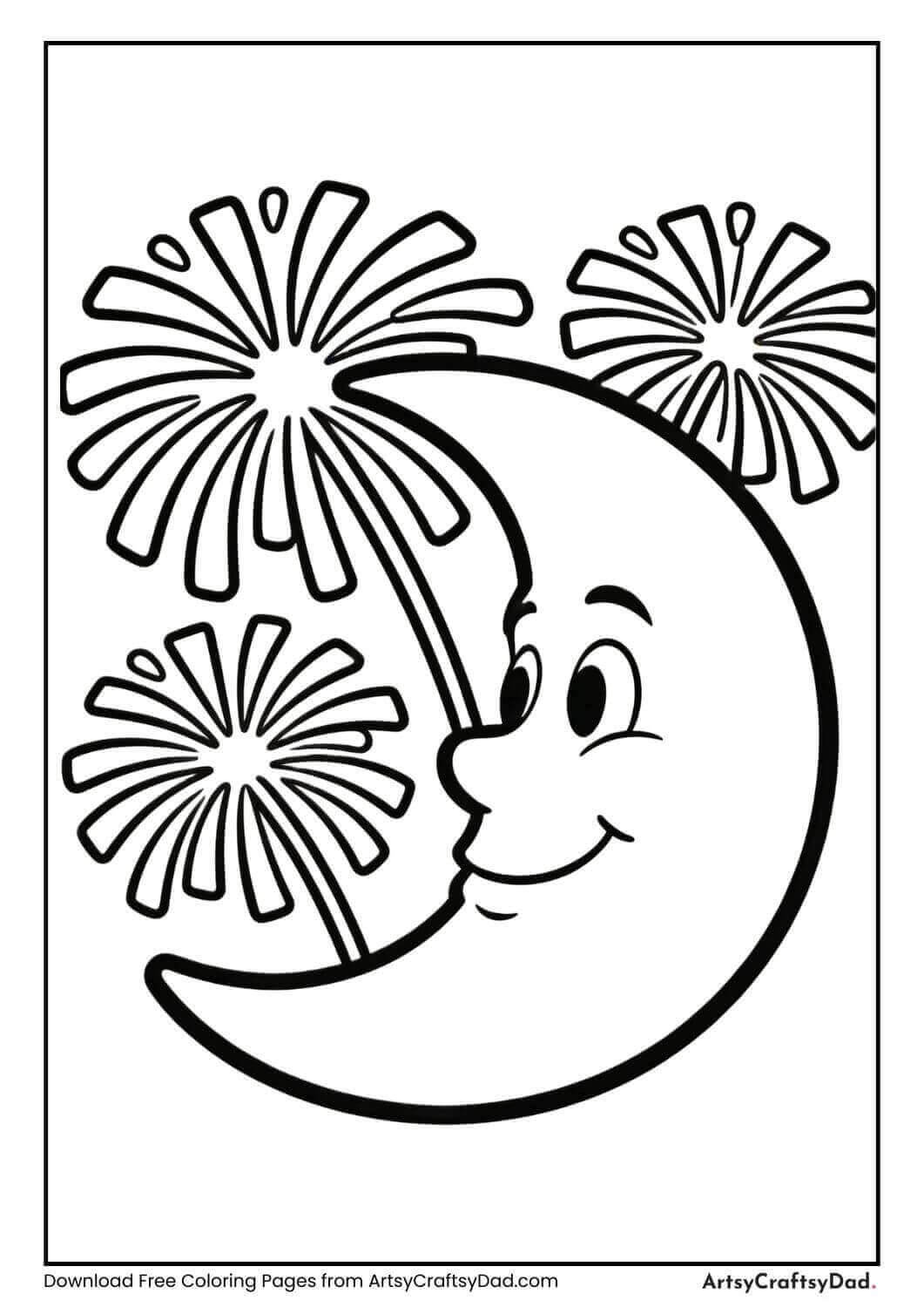 Fireworks and moon black and white coloring page