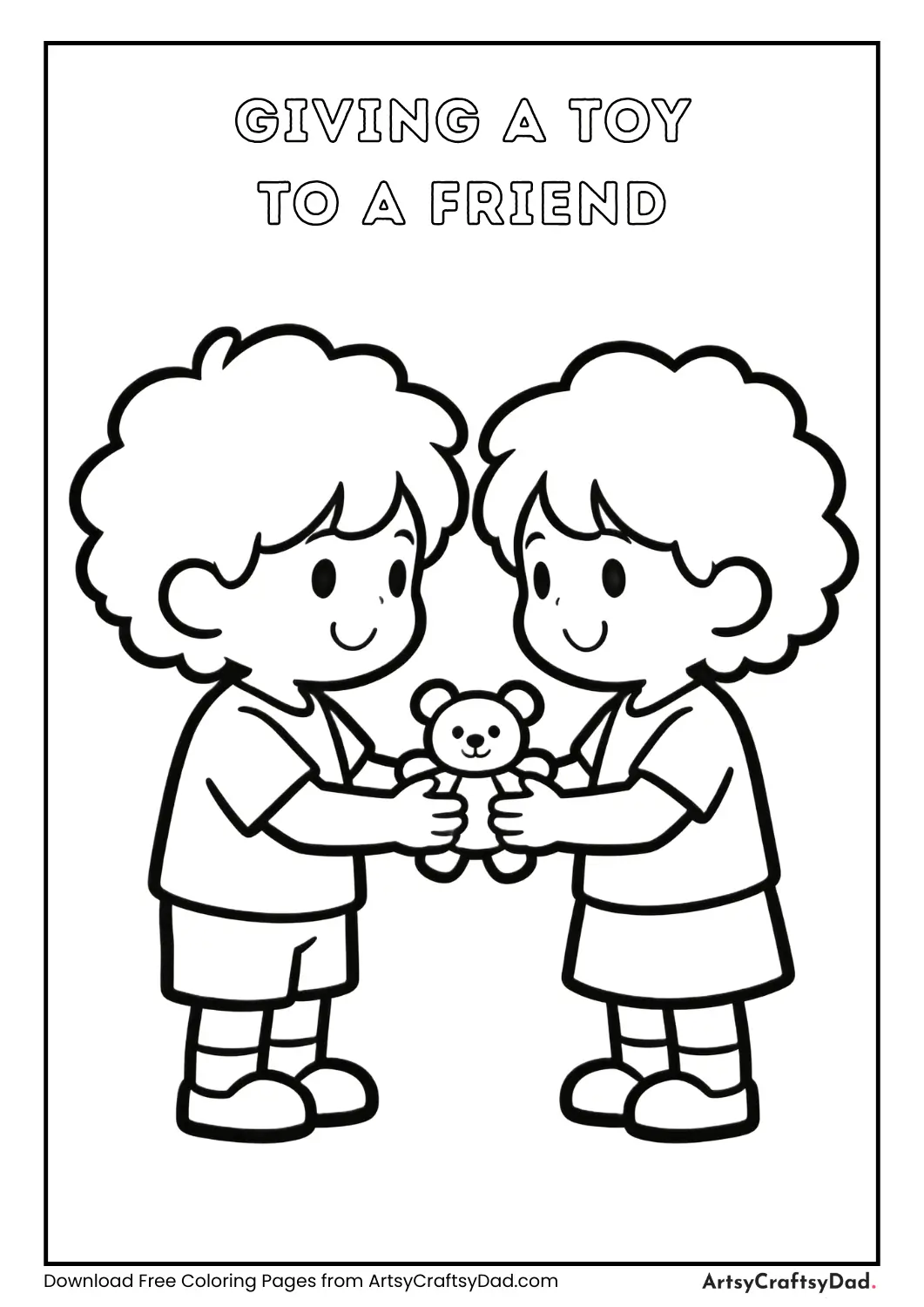 Child giving toy to friend coloring page
