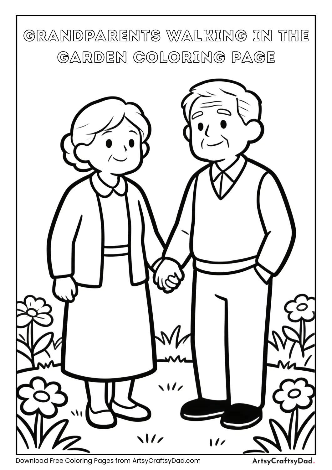 Grandparents walking together in a garden coloring page