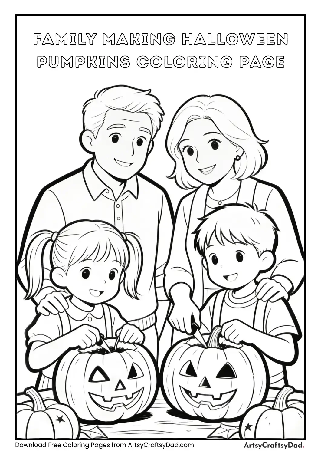 Children making Halloween pumpkin lanterns coloring page