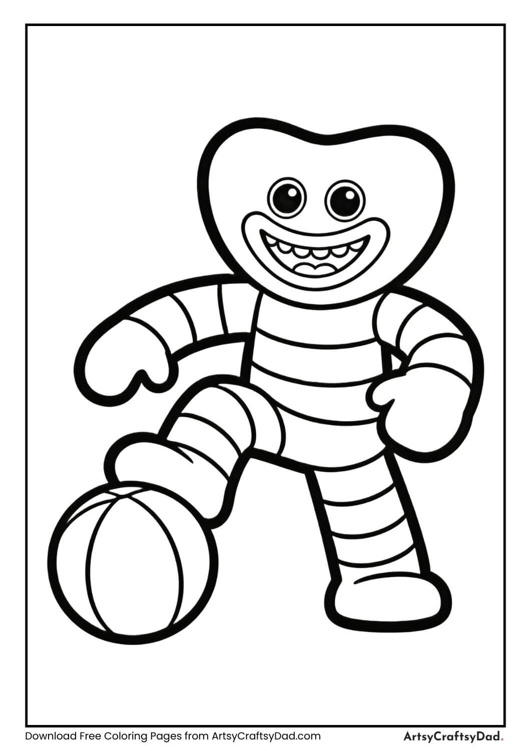 Huggy Wuggy playing with a ball black and white coloring page