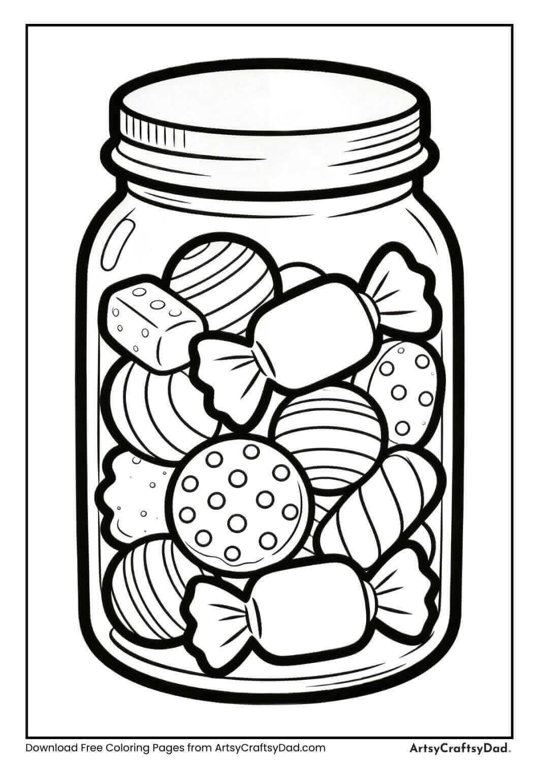 Jar of assorted candies coloring page