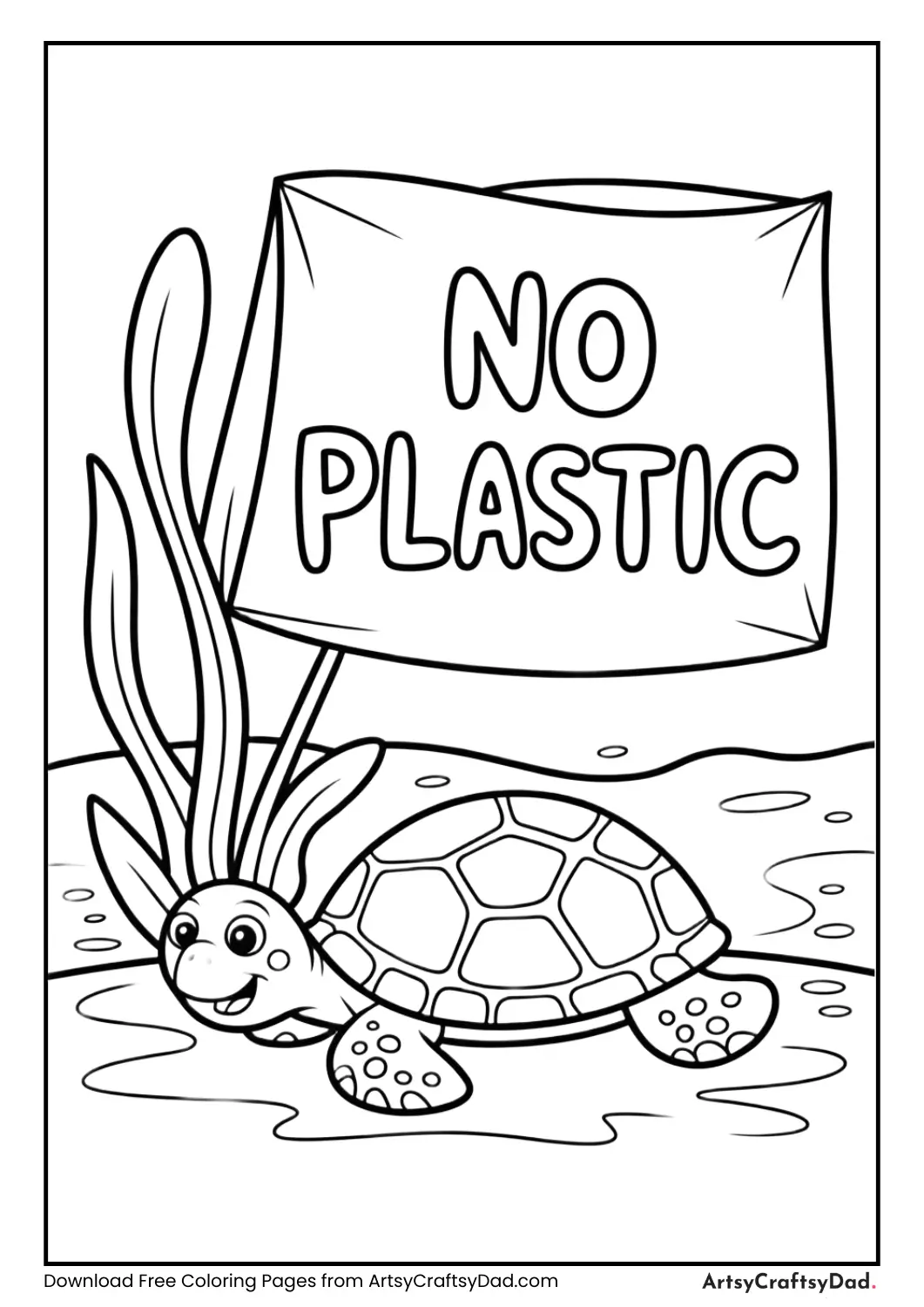Turtle swimming in a plastic-free ocean coloring page