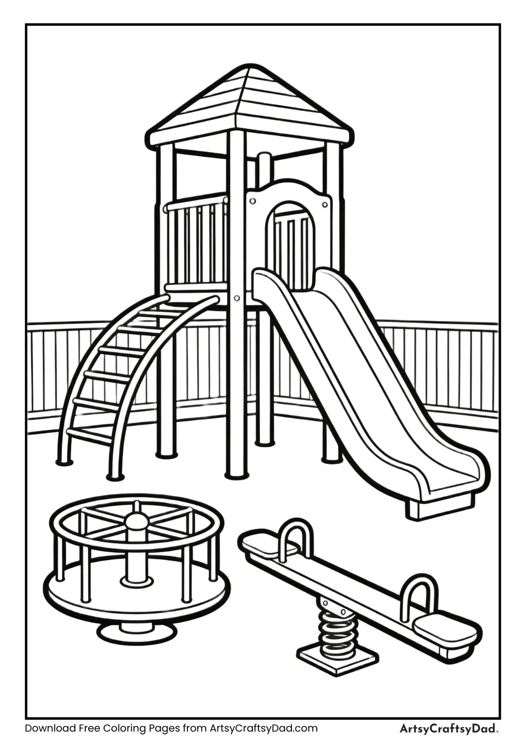 Playground with slide, see-saw, and merry-go-round.