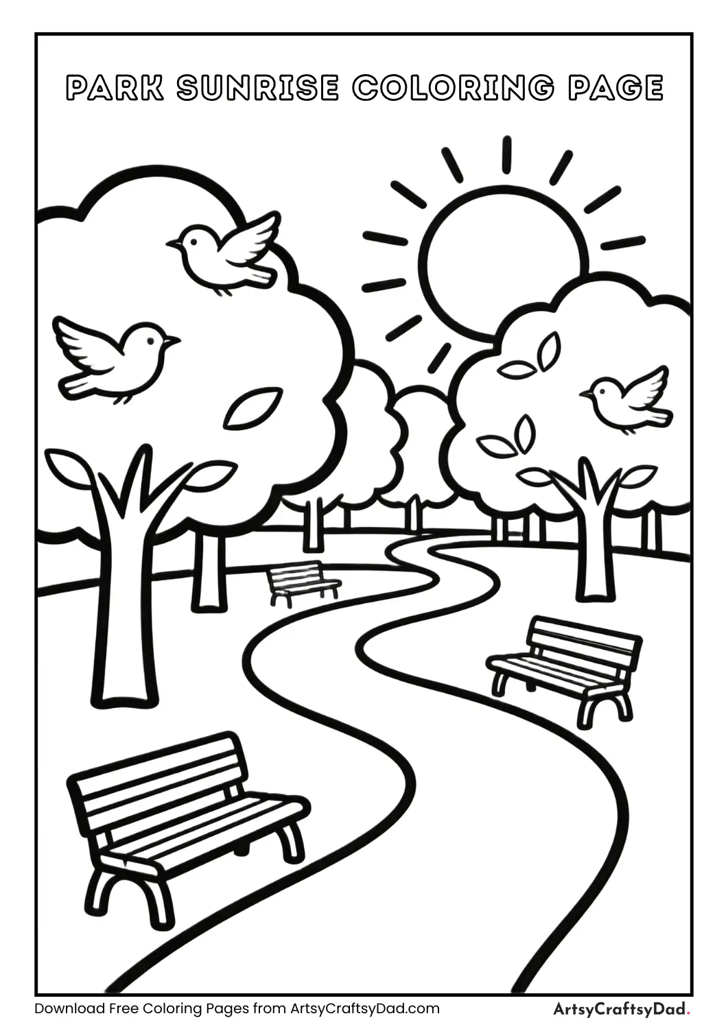 Sunrise in a park black and white coloring page